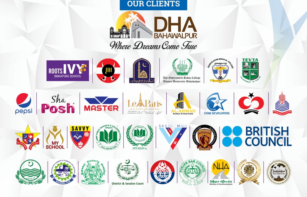Client logos including DHA Bahawalpur, Pepsi, British Council, Master and TEVTA